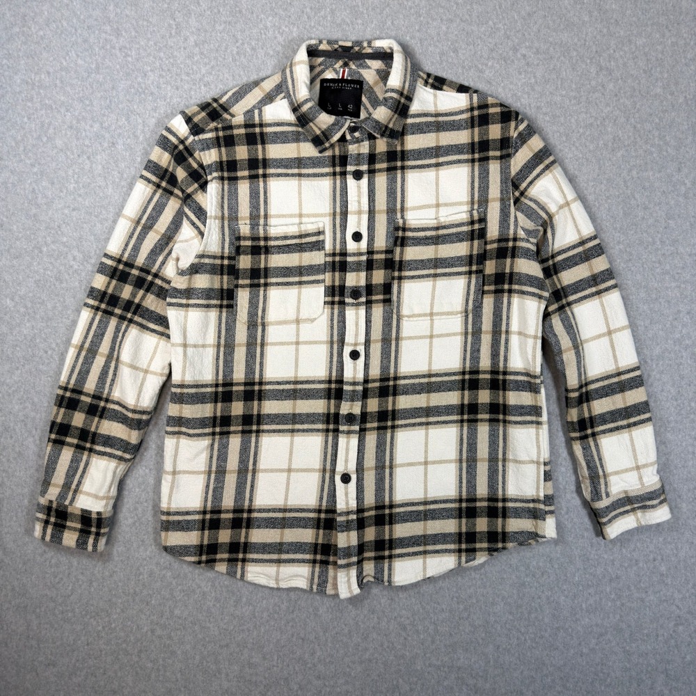 Denim & Flower Ricky Singh Mens Large Plaid Flannel Button Down Shirt Cream Tan